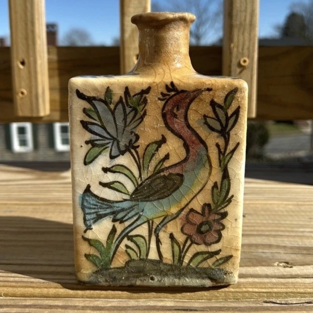 Antique Persian Iznik Pottery Flask Bottle, Floral And Bird, Qajar Dynasty 19C.